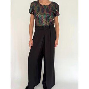 90s vintage black rainbow sequin dressy disco wide leg palazzo pant jumpsuit